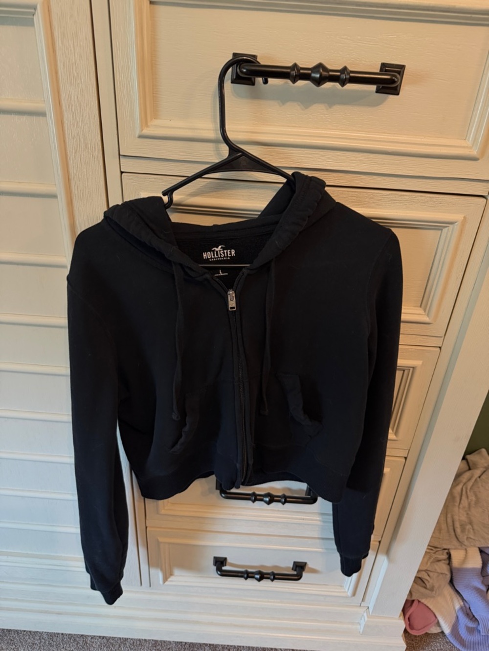 Hollister Black Cropped Zip Hoodie with Drawstring